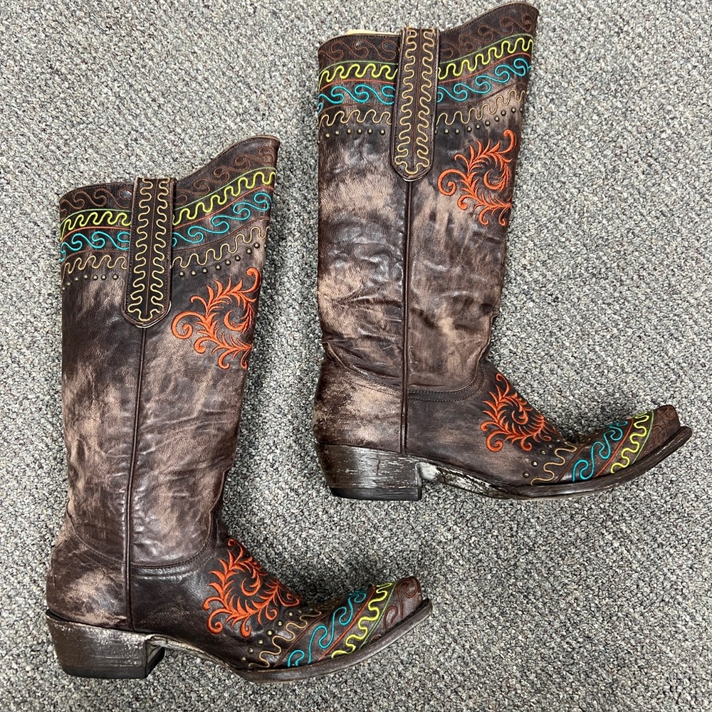 Old Gringo Brown Heeled Boots with Colorful Embroidery